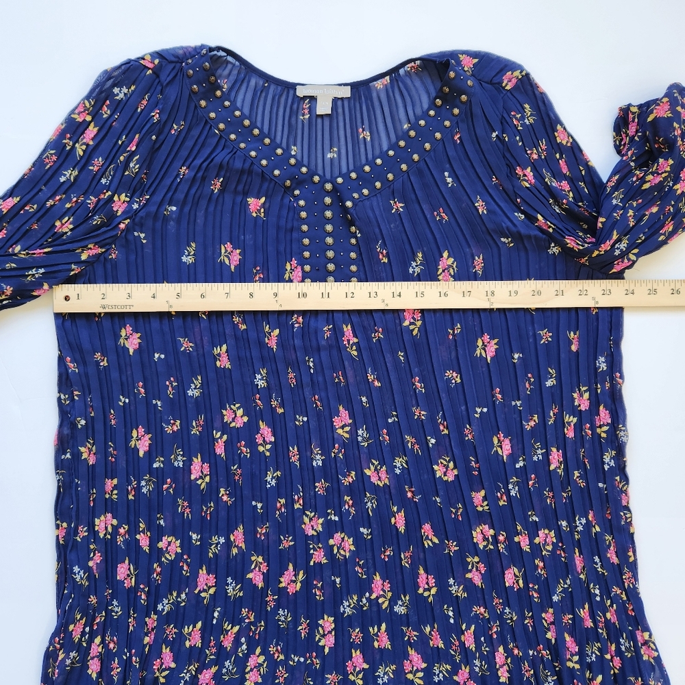 Woman Within Sheer Pleated Blouse Top Floral Print Navy Blue Pink Plus Large 18 - Picture 14 of 16
